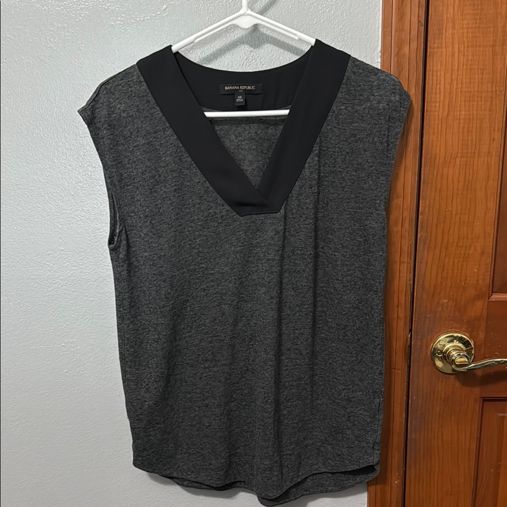 Banana Republic Gray Sleeveless Blouse with Black V-Neckline